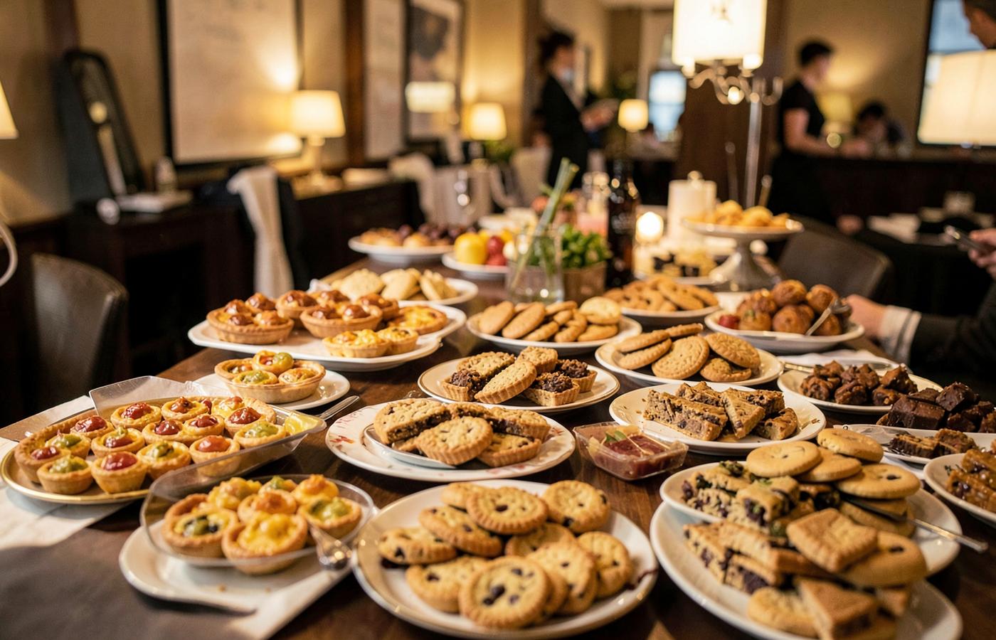 A long table of assorted mini pies and whole pies set out for an event