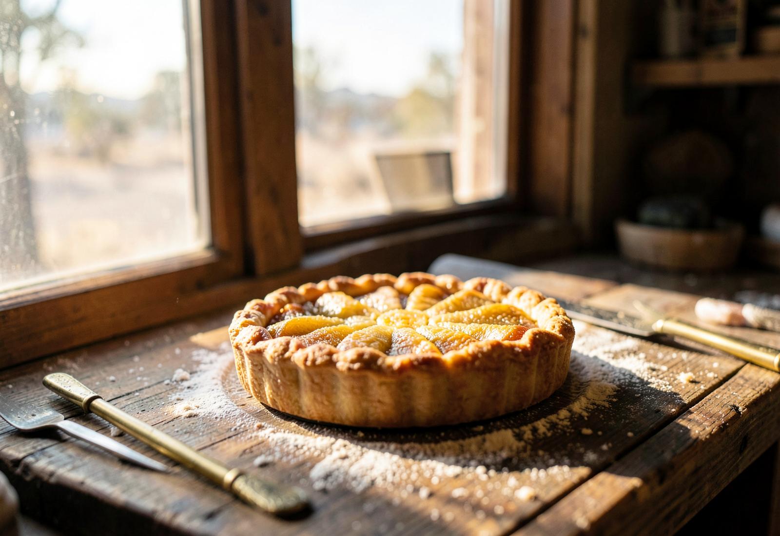 A lattice-topped pie cooling on a bakery counter